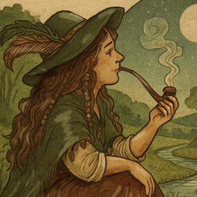 Illustration of Fern Fiddlesticks, a travelling hobbit merchant